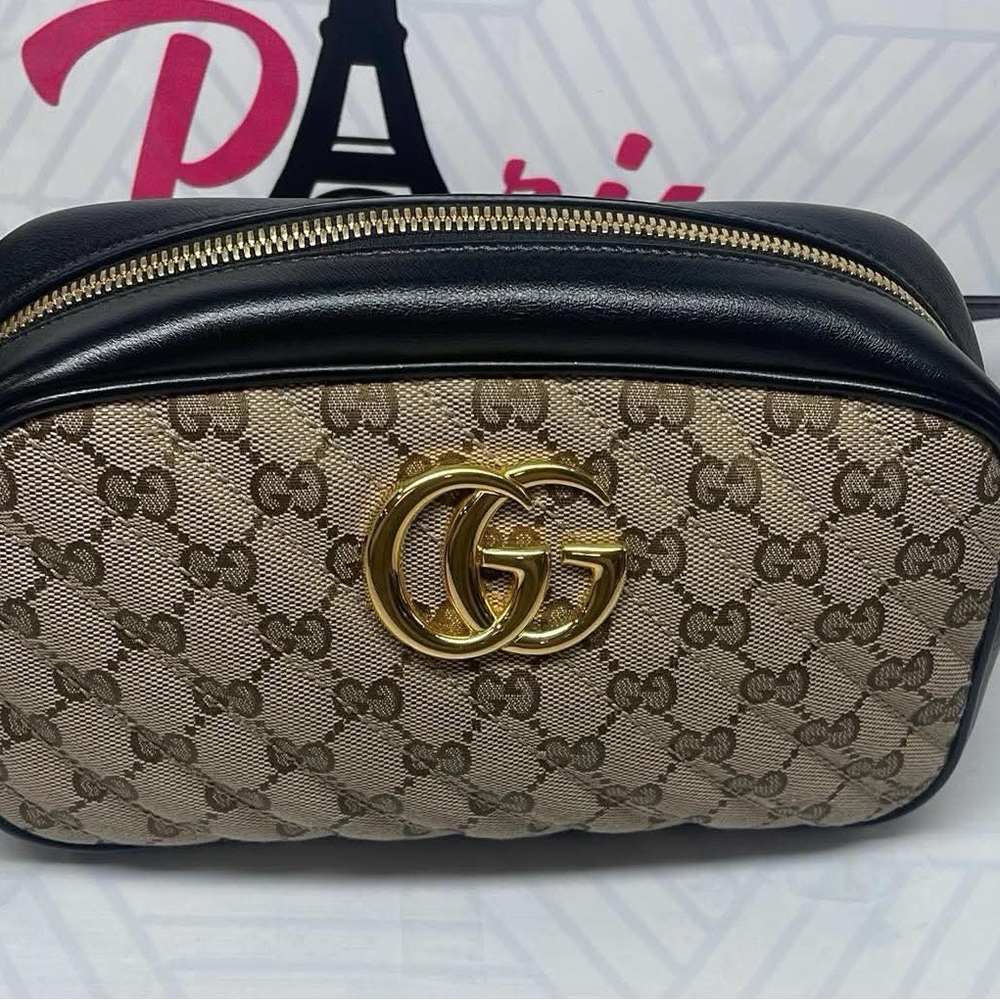 Gucci Beige and Black Crossbody Bag with Gold Logo like new